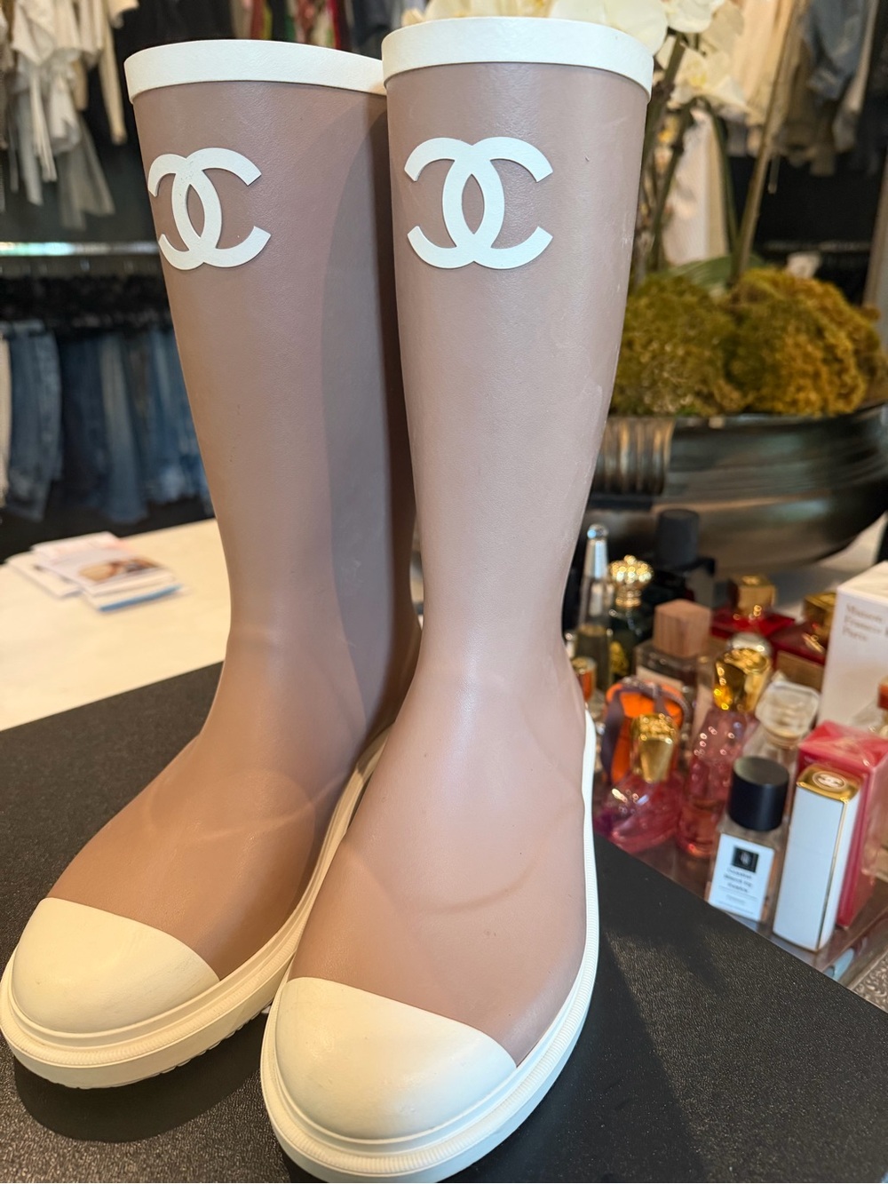 CHANEL Pink Beige Rain Boots with White Trim and Logo